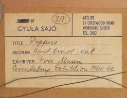 Sajó Gyula (1918-1989): Virágok. Linómetszet, papír. Jelzett. Számozott (9/36). Hátoldalán sussexi m...