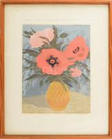 Sajó Gyula (1918-1989): Virágok. Linómetszet, papír. Jelzett. Számozott (9/36). Hátoldalán sussexi m...