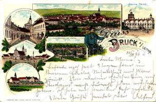 1896 (Vorläufer!!!) Lajtabruck, Bruck an der Leitha; Kirchengasse, Schloss Prugg, Kaiser Josef-Platz, Militärlager bei Bruck, Deutscher Bahnhof / Templom utca, Prugg kastély, Osztrák-magyar katonai tábor, vasútállomás. J. Sagl kiadása / street, castle, square, K.u.K. military barracks and camp, railway station. Karl Schwidernoch Art Nouveau, floral, litho (EB)