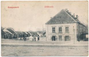 1912 Aranyosmarót, Zlaté Moravce; Zöldfa utca, Wolfli Miklós könyv- és papírkereskedése, Rakovszky István üzlete / street view, shops (fl)