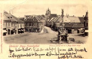 1901 Nagyszombat, Tyrnau, Trnava; Ferenc József tér, Nagy Lajos utca, üzletek / square, street, shops (EB)