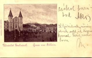 1899 (Vorläufer) Zsolna, Sillein, Zilina; Fő tér, templom. Gansel Lipót kiadása / main square, church (EK)