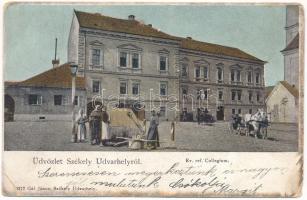 1902 Székelyudvarhely, Odorheiu Secuiesc; Református kollégium, Rudolf József üzlete, kút. Gál János kiadása / Calvinist boarding school, shop, well (fl)