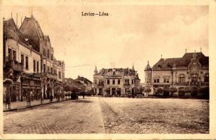 1923 Léva, Levice; tér, Vámos Mór, Kovács Sándor, Borcsányi és Csernák üzlete, bank / square, shops, bank (fa)