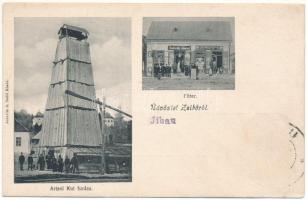 Zsibó, Jibou; Fő tér, Artézi kút fúrása, Kardos Samu üzlete, Judovits Sámuel üzlete és saját kiadása / main square, shops, well drilling (EK)