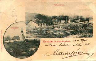 1901 Rimabánya, Rimavská Bana; Lutheránus templom, Pályaudvar, vasútállomás. Rigler r.-t. kiadása / Lutheran church, railway station (szakadás / tear)