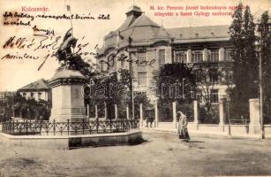 Kolozsvár, Cluj; M. kir. Ferenc József tudományos egyetem könyvtár a Szent György szoborral. Schuster Emil kiadása / university library, monument (EK)