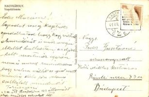 1941 Nagykároly, Carei Mare; vasútállomás, montázs katonával. Taub hírlapiroda kiadása / railway sta...