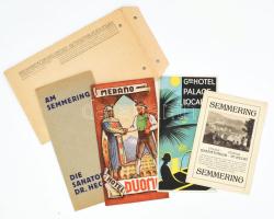 cca 1920-1930 Vegyes uti prospektus tétel, 4 db: Merano Hotel Duomo, Grand Hotel Palace Locarno, Semmering Palace - Szanatorium, Am Semmering Die Sanatorien Dr. Hecht. A Budapesti Központi Gyógy- és Üdülőhelyi Bizottság borítékjában.