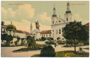 1908 Marosvásárhely, Targu Mures; Kossuth Lajos szobor, takarékpénztár, biztosító intézet, Bodor kút. Révész Béla kiadása / monument, savings bank, insurance company, well