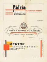 cca 1920-1930 Pátria Vésnöki Műintézet / Albus Szappangyárak, Mentor Könyvkereskedés, reklámtervek, nyomat, szakadt, hajtott, foltos, a hátoldalán ceruzás bejegyzéssel, 30x23 cm