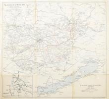 cca 1940 Magyarország vasúti térképe a visszatért felvidéki és kárpátaljai területekkel, a hivatalos menetrendkönyv melléklete, Balatoni vasúti és hajózási térképpel, 1:1,200.000, valamint Budapest pályaudvarainak vázlatos térképével, tervezte Tallián Ferenc, a hátoldalán a MÁVAUT autobusz-vonalak átnézeti térképével, 1:1,200.000, kiadja: Bp., Magyar Földrajzi Intézet Rt., hajtott, szakadt, 52x57 cm