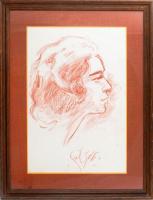 Olvashatatlan jelzéssel: Női arckép. Vöröskréta, papír. Üvegezett fakeretben, 48×32,5 cm