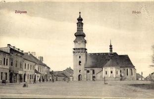 Zólyom, Zvolen; Fő tér, templom, Schuster Kálmán üzlete / main square, church, shops (EK)