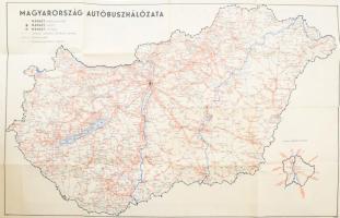 1956 Magyarország MÁVAUT autóbusz-hálózatának térképe, az Utasellátó vállalat reklámképe, a hátoldal...