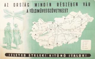 1956 Az ország minden részében vár a Földművesszövetkezet propaganda reklámplakát, a hátoldalán: Magyarország autóbuszhálózata [MÁVAUT], rajta a budapesti MÁVAUT állomásokkal, hajtott, a két felső sarkán hajtásnyommal, 41x65 cm