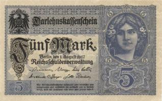 Német Birodalom / Császárság 1917. 5M (4x) szürkéskék variáns nyolcjegyű sorszámmal T:II+ (alig láth...