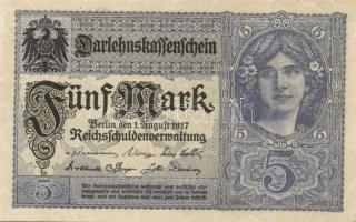 Német Birodalom / Császárság 1917. 5M (4x) szürkéskék variáns nyolcjegyű sorszámmal T:II+ (alig láth...