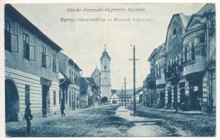 Gyergyószentmiklós, Gheorgheni; Kossuth Lajos utca, Szőcs L. Albert üzlete, Vákár Kossuth nyomda épülete / street view, shops, publishing house (Rb)