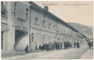 1912 Oravicabánya, Oravica, Oravicza, Oravita; Fő utca, Korona szálloda, bemenet a Korona kertbe. Weisz Félix kiadása / main street, hotel and restaurant, entrance to the hotel&#039;s garden (fl)