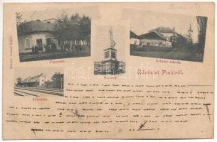 1901 Piski, Simeria; Piactér, Állami iskola, szobor, vasútállomás. Müller József kiadása / market square, school, monument, railway station (vágott / cut)