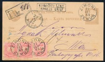 1885 2kr díjjegyes levelező lap 3 x Színes számú 5kr kiegészítéssel expressz ajánlott küldeményként Bécsbe