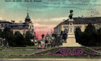 1911 Braila, Piata Sf. Arhangeli / square, monument, tram (fl)