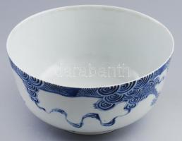 "Bleu de Hue" bowl. Vietnám, cca 19. sz., kétkarakteres Nei Fu jelzés, hal és sárkány alakokkal díszített, kis repedésvonallal, d: 18 cm, m: 9,5 cm