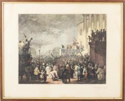 Konecsni György (1908-1970): Jelenet. Színezett rézkarc, papír, jelzett, üvegezett fakeretben, lap s...