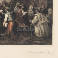 Konecsni György (1908-1970): Jelenet. Színezett rézkarc, papír, jelzett, üvegezett fakeretben, lap s...