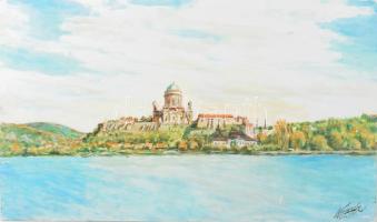 Kovács Ernő (1940-): Esztergom (A Duna felől). Olaj, farost. jelezve jobbra lent, hátoldalán autográf felirattal. 38x64,5 cm