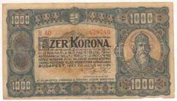 1923. 1000K "B40 439740" nyomdahely jelölés nélkül T:F,VG szakadás, jobb alsó saroknál any...