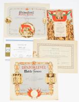 1949-1952 Vegyes szocialista oklevél tétel, db, közte ünnepség, esemény dekorációjáért és a szervezésében való részvételért, közte foltos is. + 1972 Emléklap a Magyar Bélyeggyűjtők Országos Szövetsége tagja részére 20 éves tagságáért, 1952-1972