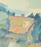 Jelzés nélkül: Színekben pompázó vízparti táj. Olaj, farost. Dekoratív, kissé sérült fakeretben, ker...