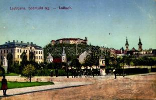 1916 Ljubljana, Laibach; Sodnijski trg / square, castle, advertising column + &quot;ZENSURIERT K.u.k. Militärzensur Laibach&quot; (EK)