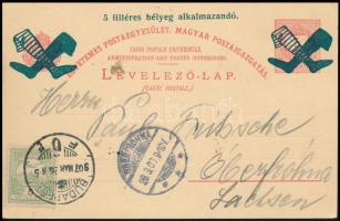 1907 Harisnyakirály felülnyomású 5kr díjjegyes milleniumi képeslap érvénytelenített díjjeggyel és 5f Turul bélyeggel Németországba. Nagyon ritka!!