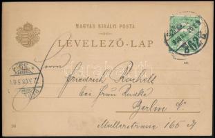 1908 Díjjegyes milleniumi képeslap, a díjjegy 5f Turul bélyeggel átragasztva, Berlinbe