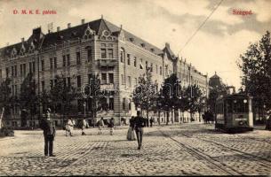 Szeged, DMKE (Délmagyarországi Magyar Közművelődési Egyesület) palotája, villamos, csendőr. Grünwald Hermann kiadása (EM)