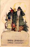 1917 Fröhliche Weihnachten! Verlag der Kriegsfürsorgegruppe des k.u.k. 1. Armeekommandos / Kellemes Karácsonyt! Osztrák-magyar katonai művészlap, Krampusz és Mikulás / WWI Austro-Hungarian military Christmas greeting, Krampus and Saint Nicholas art s: Ernst Kutzer (EB)