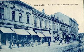 Miskolc, Széchenyi utca, Korona szálloda, Trillhaas Gyula, Heinemann Frigyes, Herskovits Mór üzlete. Ferenczi B. kiadása