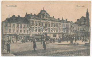 1916 Chernivtsi, Czernowitz, Cernauti, Csernyivci (Bukovina, Bucovina, Bukowina); Ringplatz / square, tram, shops + "K.u.k. FELDPOSTAMT 189" "M. kir. 307. honvéd gyalogezred" (ázott / wet damage)