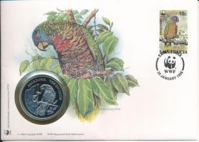 Saint Lucia DN (1991) "A Világ Vadvédelmi Alap (WWF) 30. évfordulója - Amazona Versicolor (Kékmaszkos Amazonpapagáj)" kétoldalas fém emlékérem érmés borítékban, bélyeggel és bélyegzéssel, német nyelvű ismertetővel T:PP Saint Lucia ND (1991) "30th Anniversary of the World Wildlife Fund - Amazona Versicolor" two-sided metal commemorative medallion in envelope with stamp and cancellation, with German description C:PP