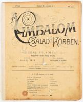 1891-1892 Cimbalom családi körben. Zene folyóirat. Szerk.: Allaga Géza. Kiadó tulajdonos: Schunda V. József. I. évf. 2. sz., II. évf. 2-6. sz. (Egybefűzve). Bp., Kunosy Vilmos és Fia-ny. Fűzve, viseltes állapotban, helyenként sérült, foltos, a fűzéstől elvált lapokkal, a gerincen és néhány lapon ragasztással. A folyóiratnak összesen 28 száma jelent meg, tételünk ebből hatot tartalmaz. Ritka!