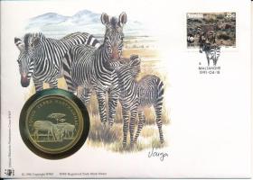 Namíbia DN (1991) &quot;A Világ Vadvédelmi Alap (WWF) 30. évfordulója - Equus Zebra Hartmannae (Hartmann-hegyizebra)&quot; kétoldalas fém emlékérem érmés borítékban, bélyeggel és bélyegzéssel, német nyelvű ismertetővel T:UNC (eredetileg PP) patina  Namibia ND (1991) &quot;30th Anniversary of the World Wildlife Fund - Equus Zebra Hartmannae&quot; two-sided metal commemorative medallion in envelope with stamp and cancellation, with German description C:UNC (eredetileg PP) patina