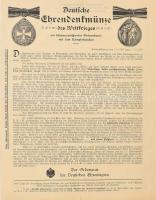 1924 Deutsche Ehrenmünze des Weltkrieges (I. világháborús német emlékérem) kétoldalas, illusztrált prospektusa, "Überreicht durch den Geschäftsführer des Ordensrates Kommerz. Rat. Franz Frei Budapest (...)" bélyegzéssel, szakadásokkal