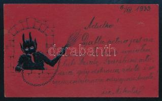 1933 Üdvözlőkártya dombornyomott Krampusz ábrázolással 11x6 cm