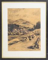 Olvashatatlan jelzéssel: Hegyvidéki táj. Szén, papír. Dekoratív, üvegezett fakeretben. 36x27,5 cm