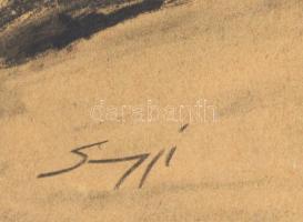 Olvashatatlan jelzéssel: Hegyvidéki táj. Szén, papír. Dekoratív, üvegezett fakeretben. 36x27,5 cm