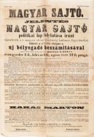 1857 Magyar Sajtó politikai napilap III. évf. 271. sz., 1857. nov. 26., kiadó-tulajdonos: Heckenast Gusztáv. Pest, Landerer és Heckenast-ny., 4 p. Benne: Magyarországi ügyek. A pénzkrisis hordereje., Fővárosi és vidéki hirek., Az utasszállító gőzösök járása [...] a Dunán., stb. Kis sérülésekkel, ázásnyomokkal.