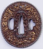 "Nanban" tsuba. Japán, cca 19. sz. Aranyozott fém, kopással, 6,5x6 cm, fa dobozban. /// "Nanban" tsuba. Japanese, circa 19th century. Gilded metal, with wear, 6.5 x 6 cm, in a wooden box.